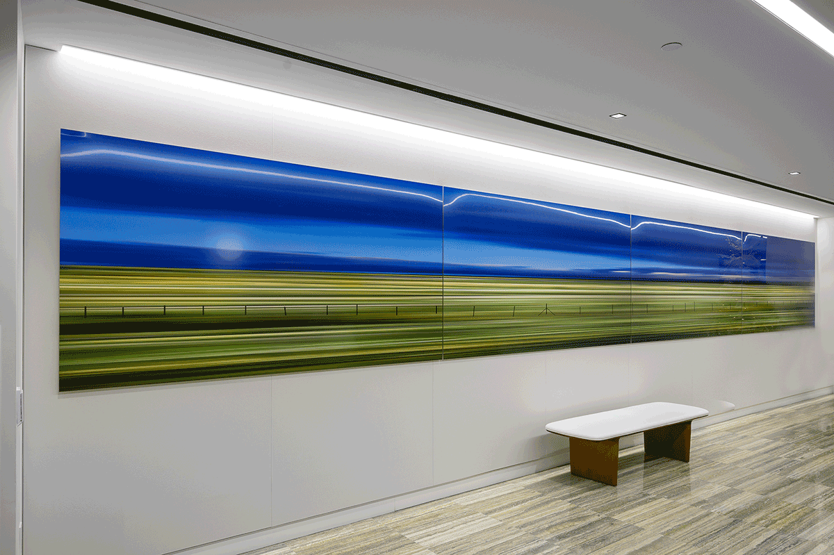 Commissioned art hangs in the corporate headquarters of the law firm of Thompson Coe in Dallas, Texas