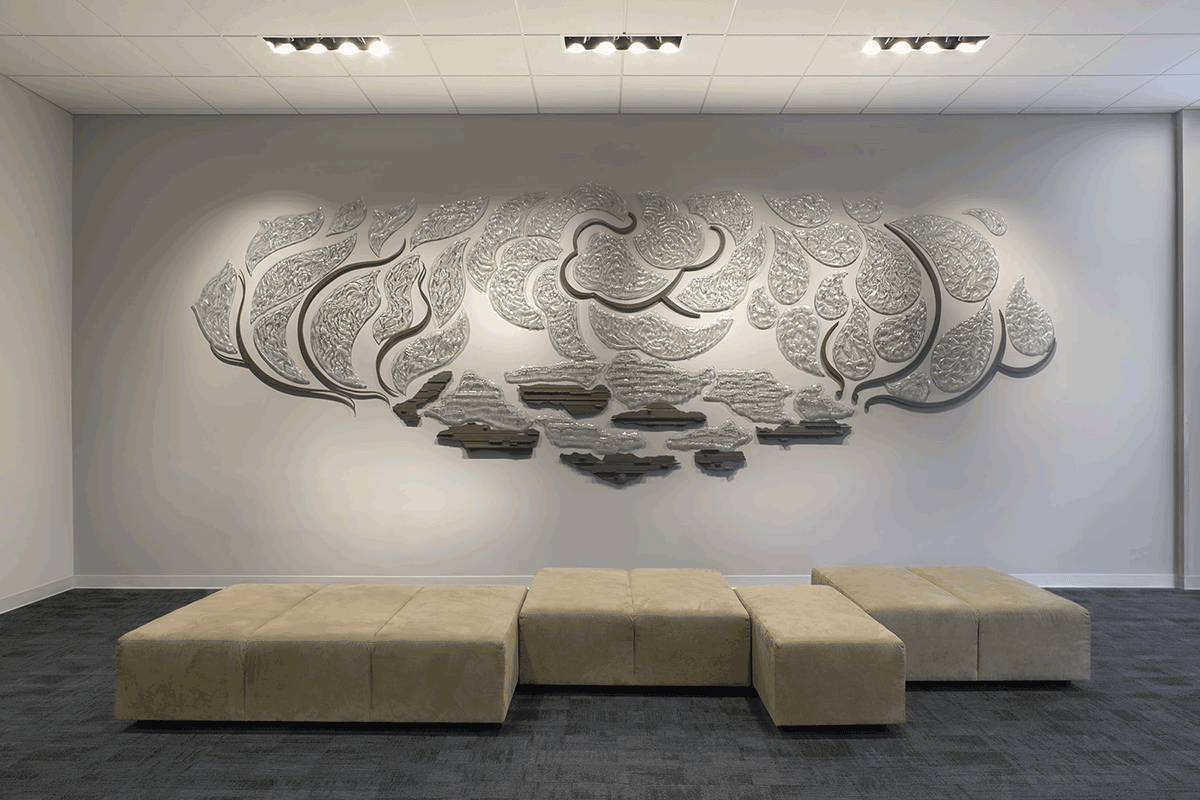 A steel and wood installation commissioned by Sam Houston State University for the James and Nancy Gaertner Performing Arts Center