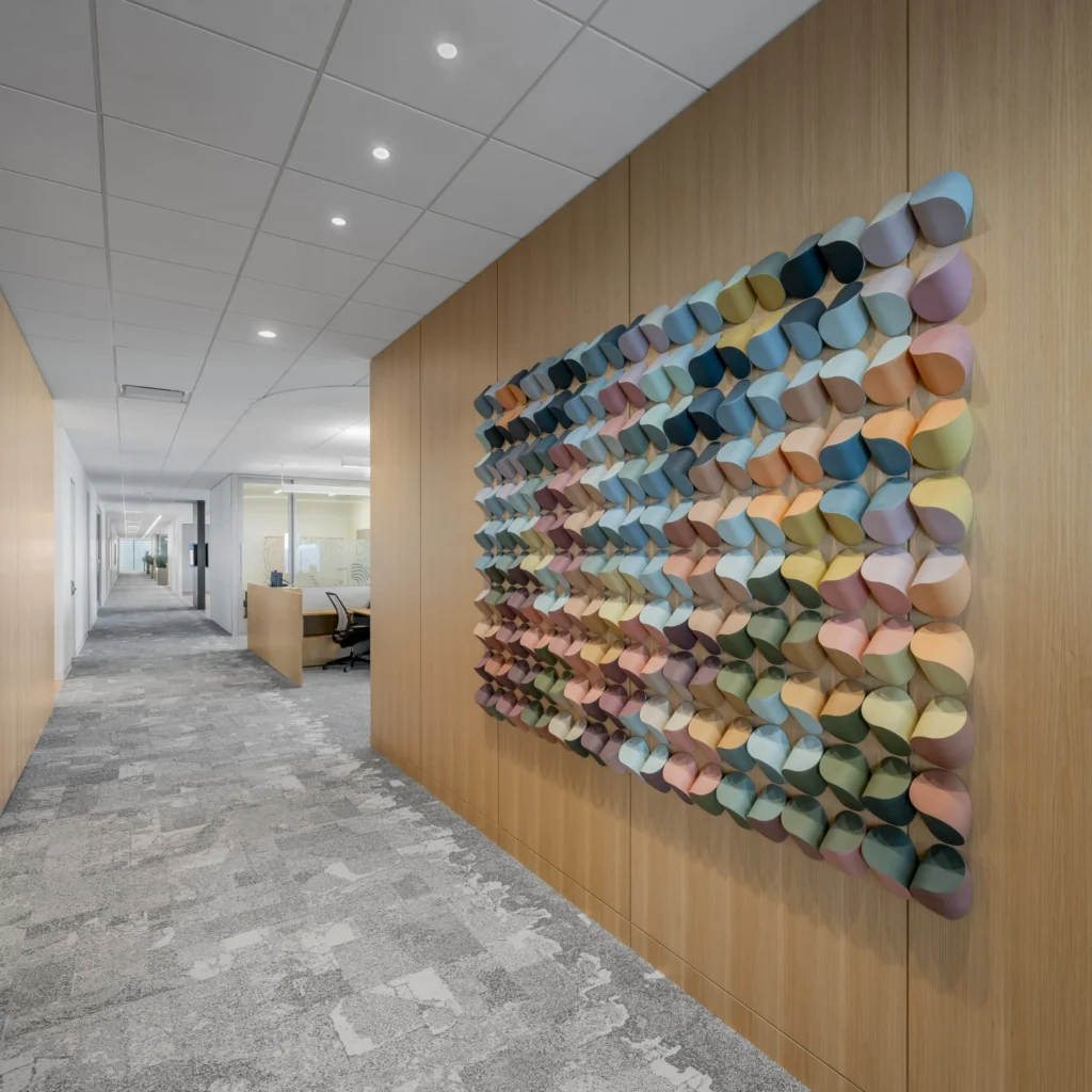 TIAA-Art-Package-Portfolio-7 Abstract wall sculpture in office corridor.