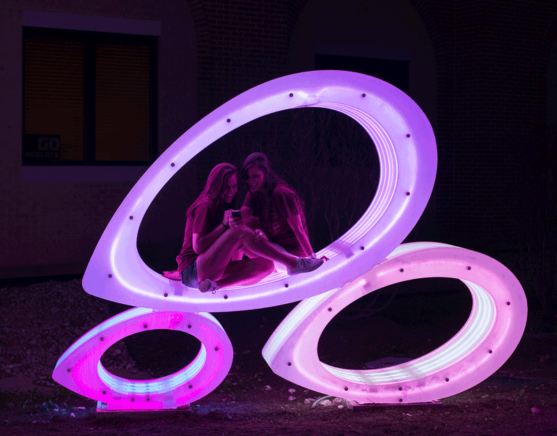 Image: A sculptural installation in the courtyard of a Texas State University student housing development offers an immersive experience.