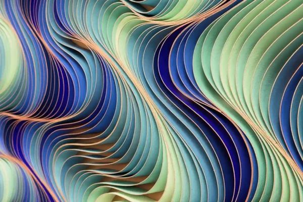 Detail of corporate art made of sculpted and cut acrylic painted canvas.