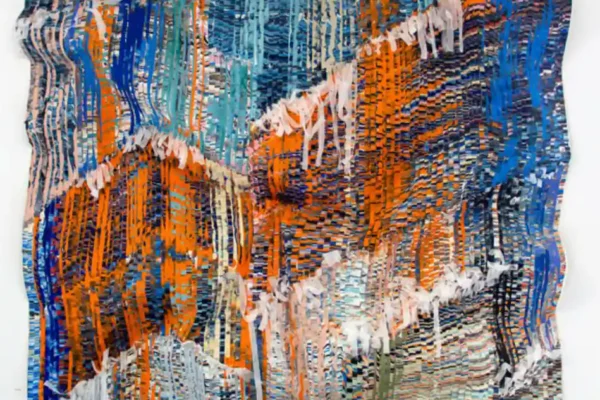 Detail of corporate art piece made of sculpted silk fabric and acrylic paint on canvas.