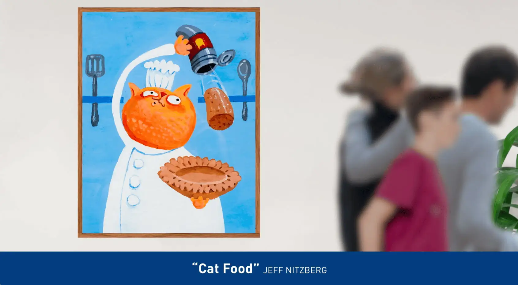 Art for healthcare facilities: Framed painting of a cartoon cat making a pie.