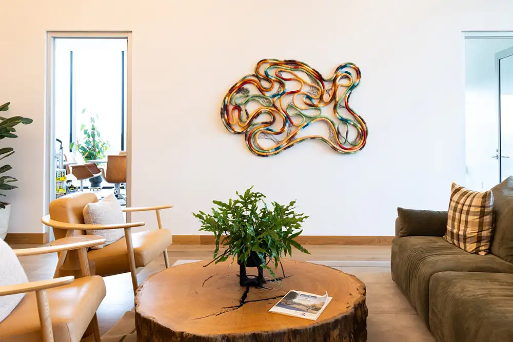 A multi-colored, soft sculpture made of fibers hangs in an office lounge area.