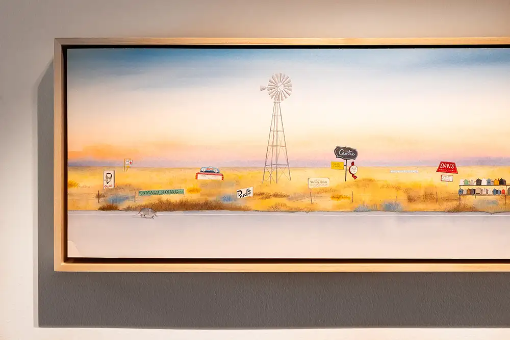 A rural landscape painting shows local business signage, mailboxes, windmills and jackrabbits
