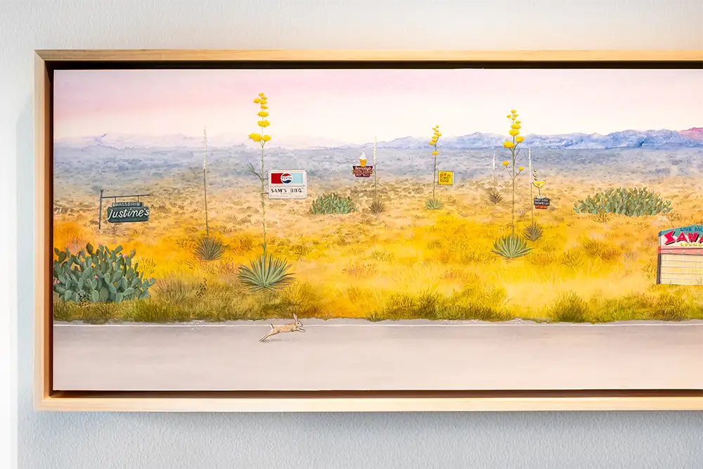 A rural landscape painting shows a highway, local business signs, and Texas flora and fauna